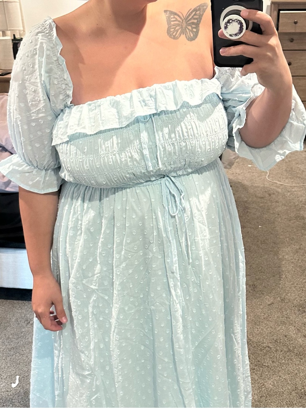 Light Blue Puff Sleeve Midi Dress with Smocked Bodice